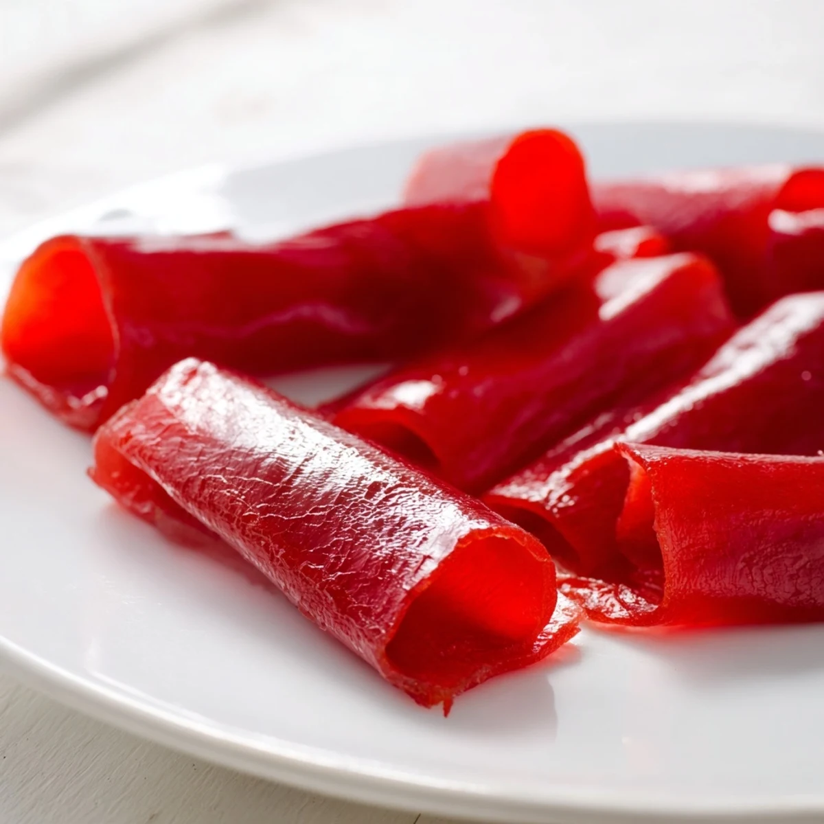 Chewy strips of homemade fruit roll ups rolled up in parchment for snacking