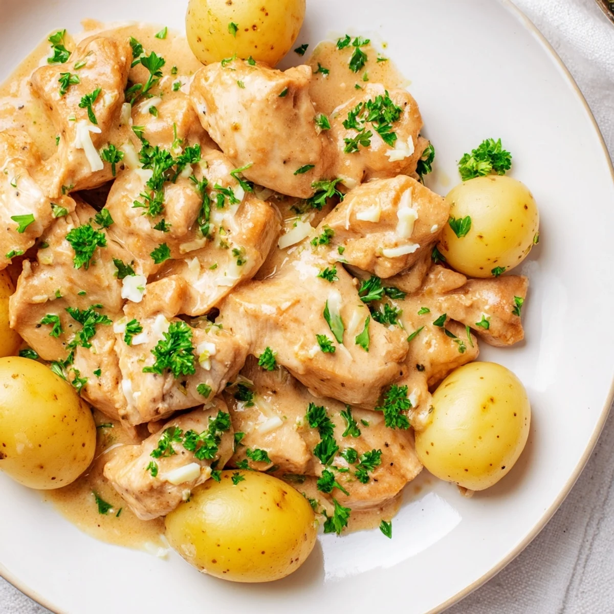 Family-friendly slow cooker garlic Parmesan chicken and potatoes served in a rich white sauce with melted grated cheese topping
