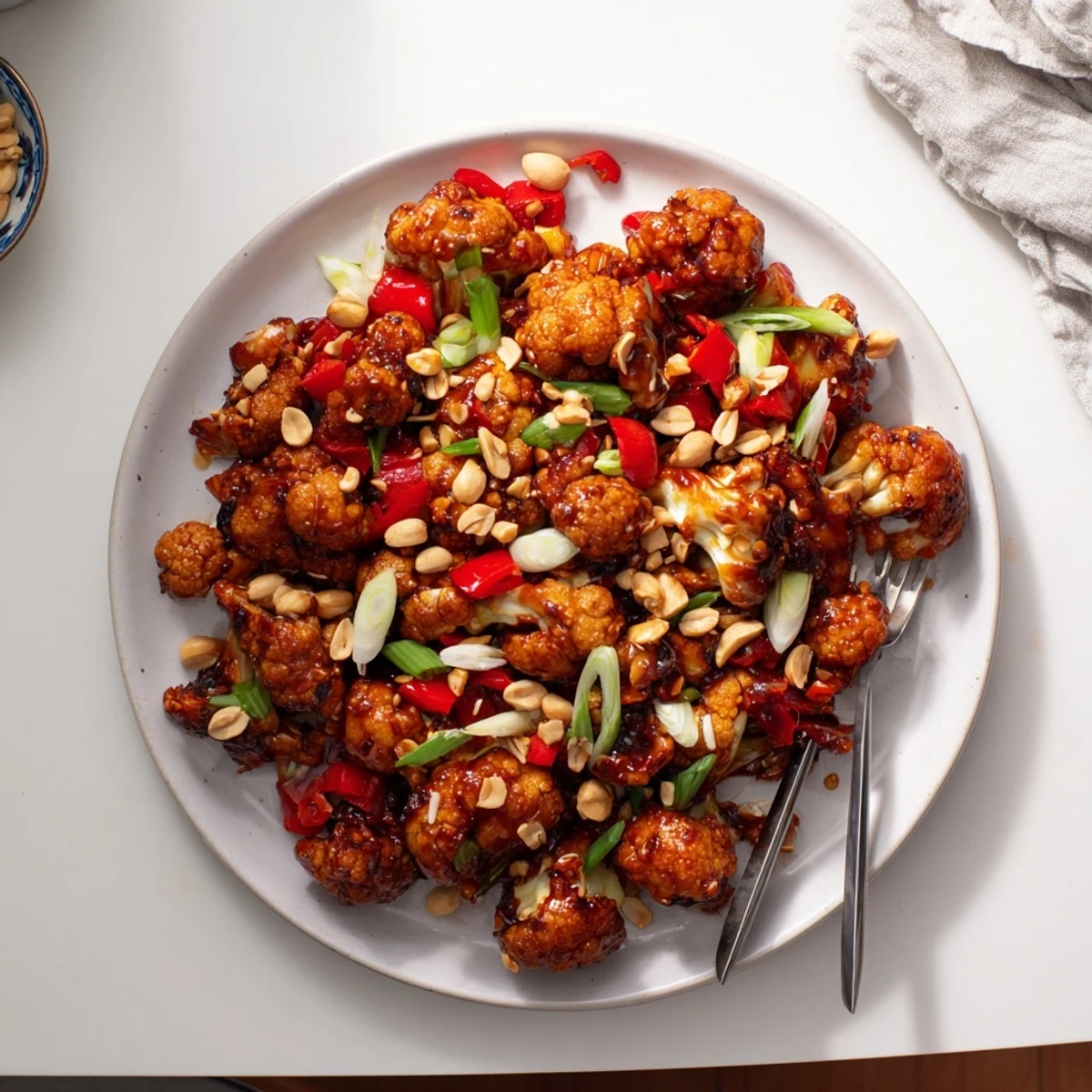 Crispy roasted Kung Pao Cauliflower tossed in spicy sweet glaze with crunchy peanuts and red bell pepper