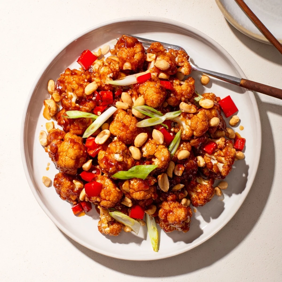 Golden cauliflower florets coated in sticky Kung Pao sauce with roasted peanuts and fresh green onion garnish