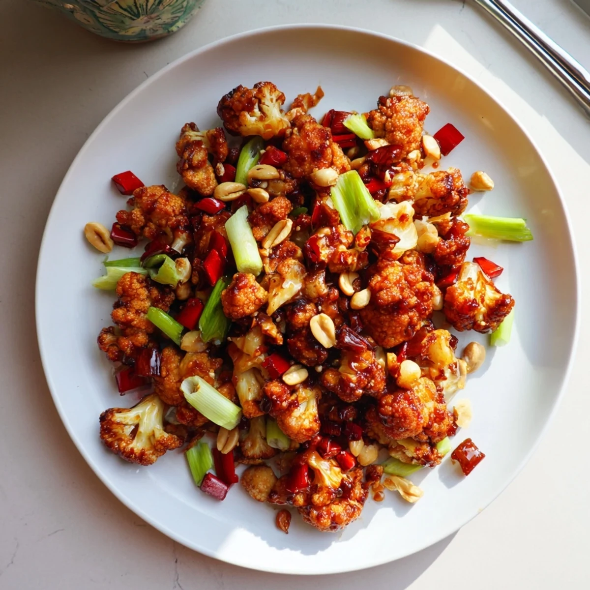 Vegan Kung Pao Cauliflower stir-fry featuring crisp-tender roasted florets in tangy sauce with colorful vegetables