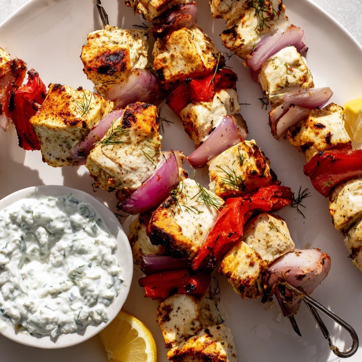 Golden grilled Greek lemon chicken skewers served with creamy homemade tzatziki sauce and fresh herbs