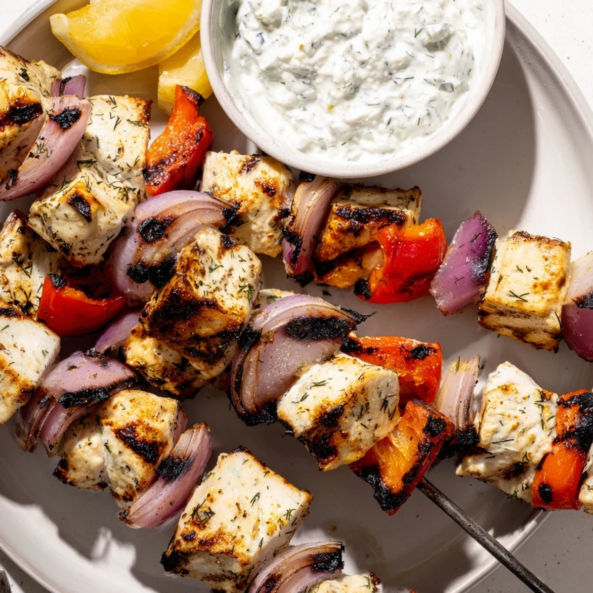 Perfectly grilled lemon herb chicken skewers plated alongside cool tzatziki sauce and zesty lemon wedges