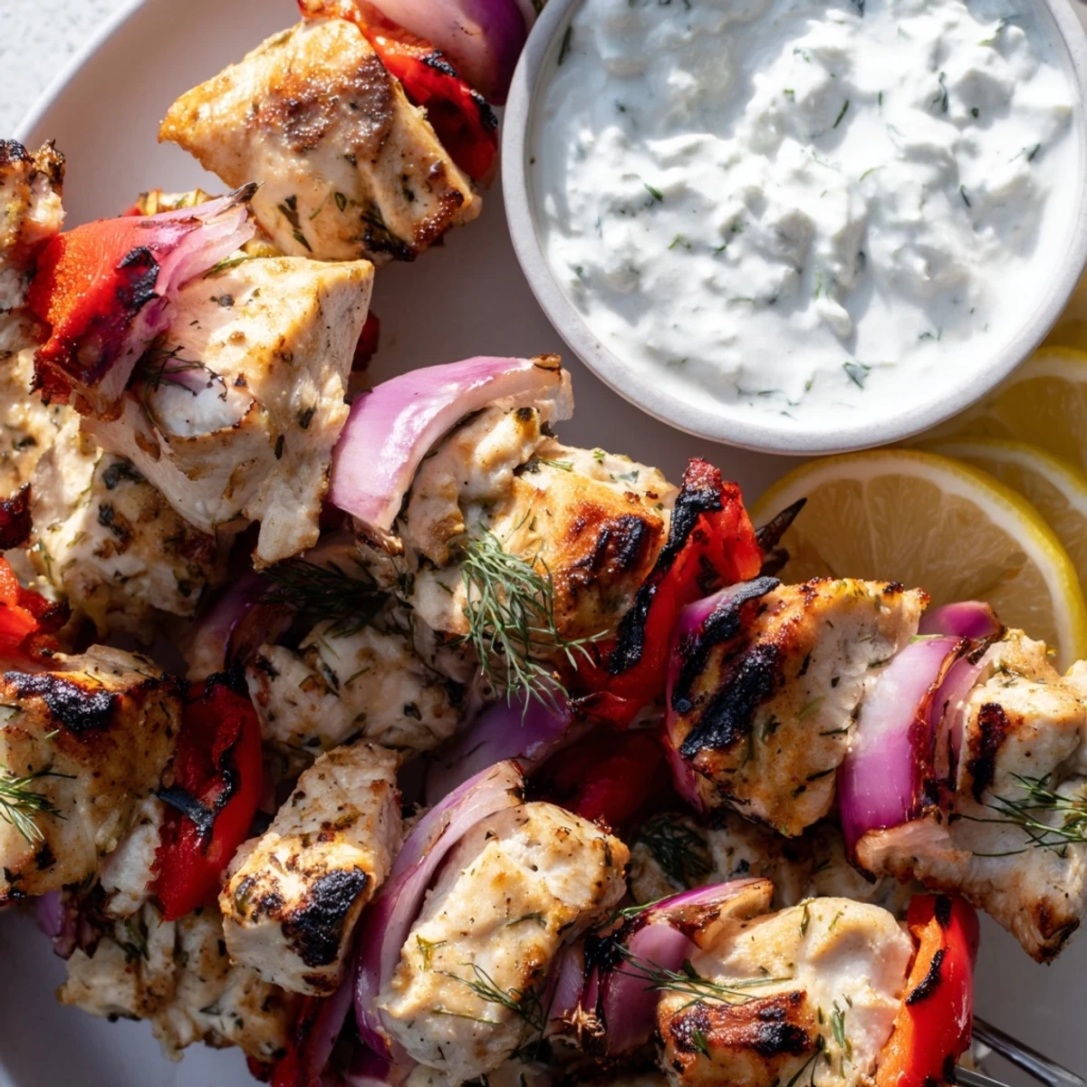 Tender marinated chicken threaded on skewers with charred edges and tangy cucumber yogurt dipping sauce