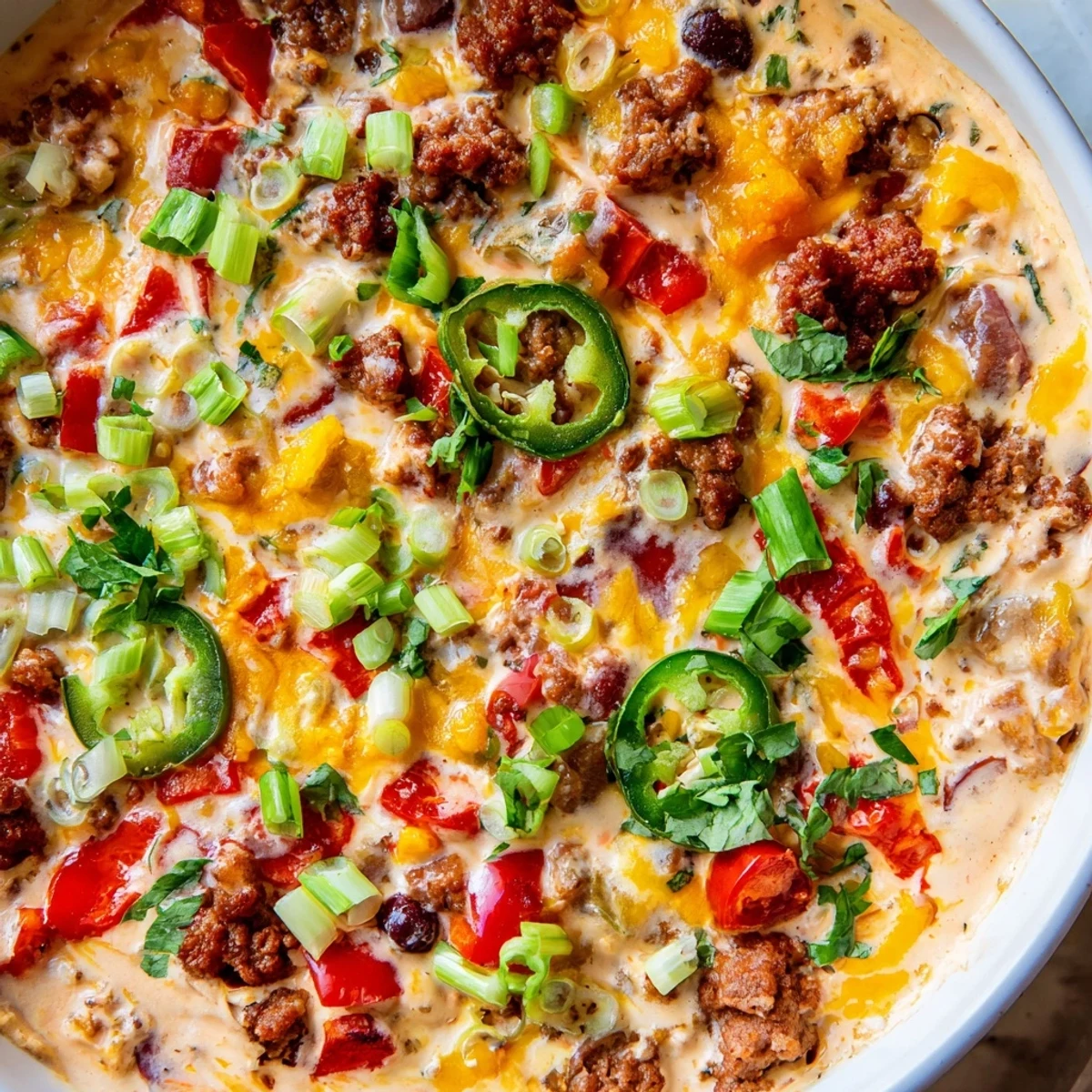 Creamy spicy cowboy queso dip bubbling in a serving bowl with melted Monterey Jack and chorizo