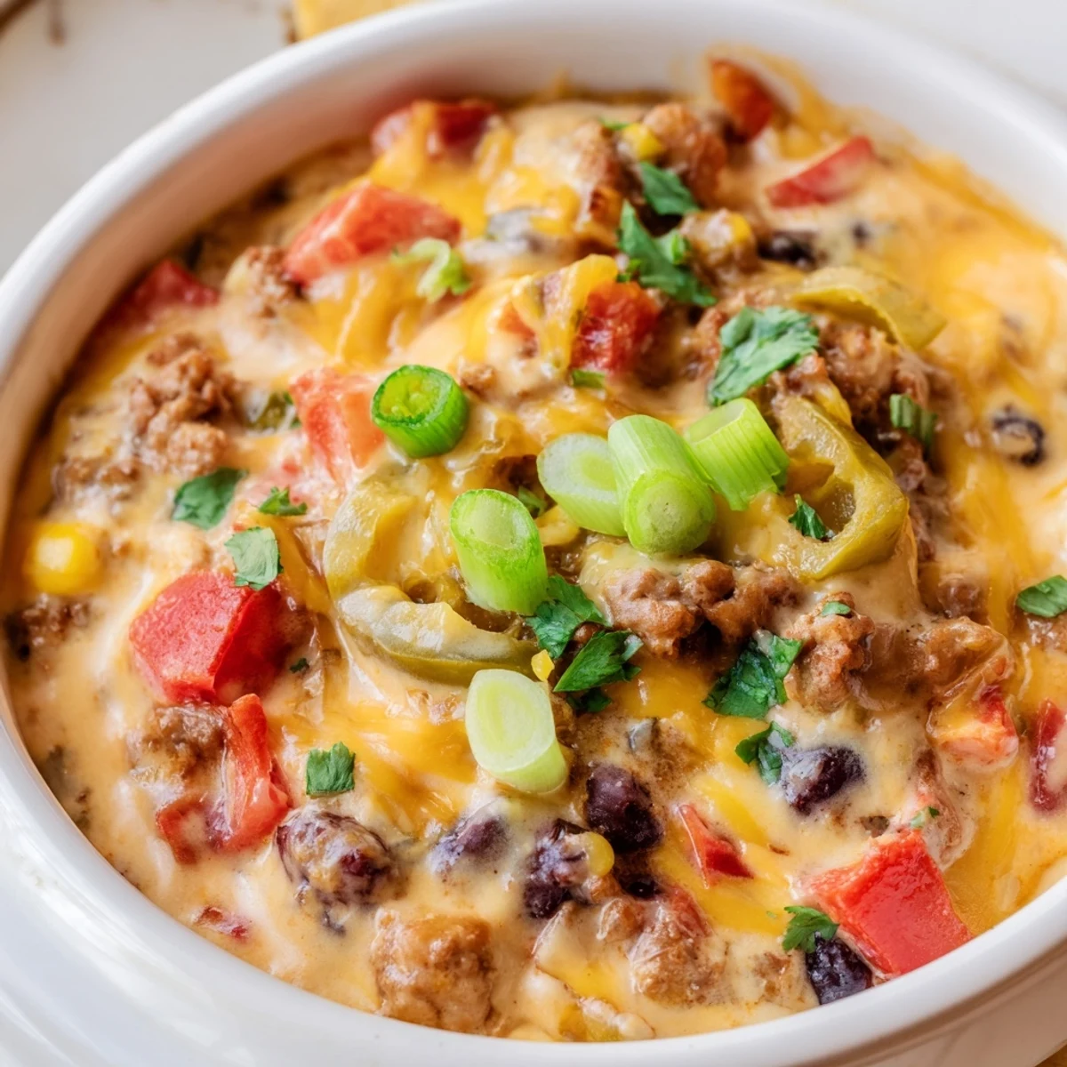 Steaming hot spicy cowboy queso dip topped with fresh cilantro and served with crispy tortilla chips