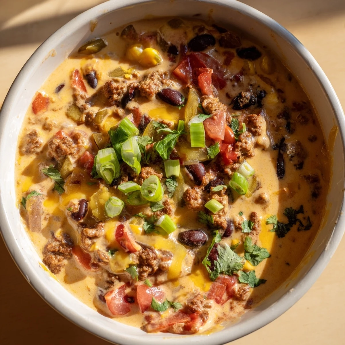 Golden spicy cowboy queso dip loaded with black beans peppers and melted cheese for game day