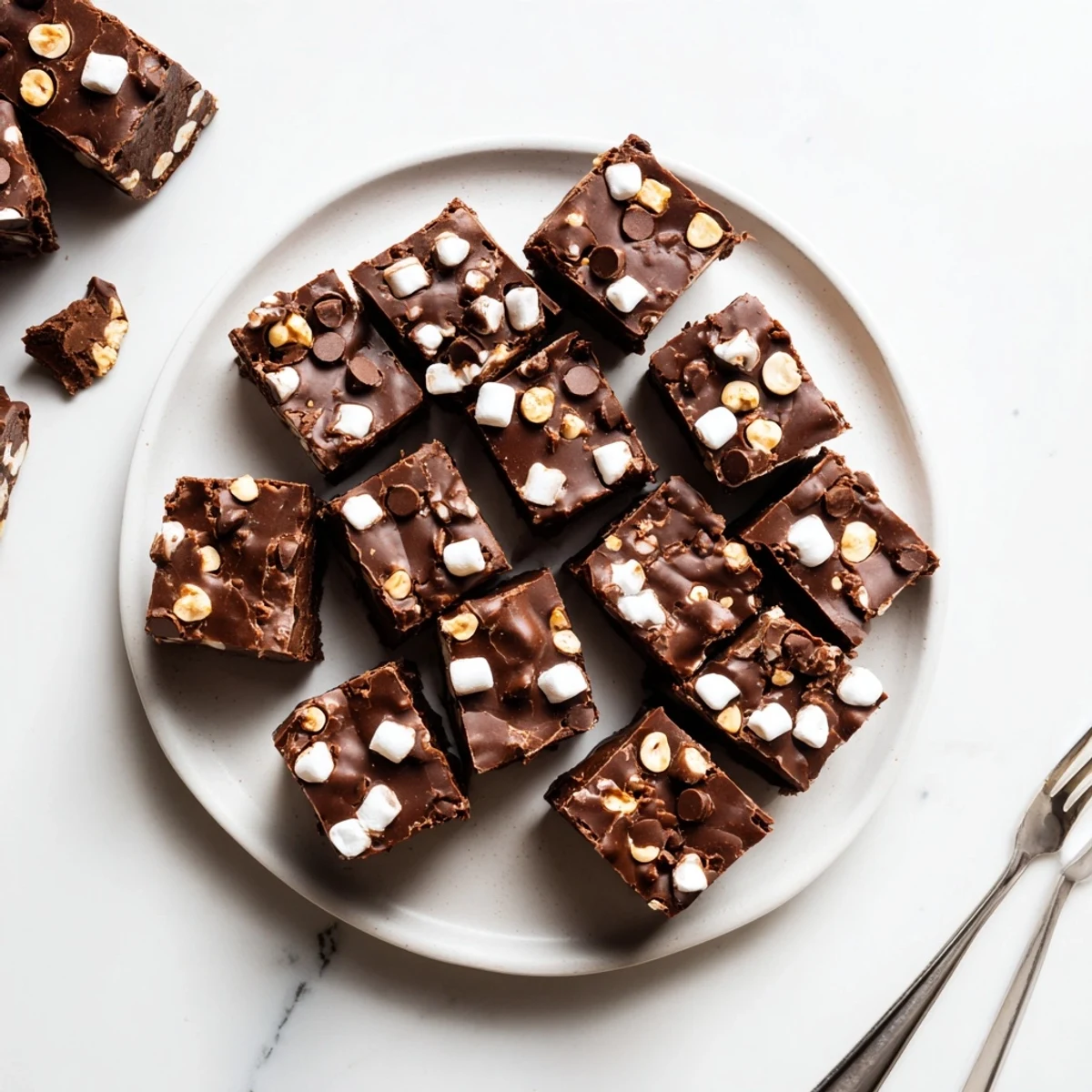 Homemade easy rocky road fudge with melted chocolate swirled with mini marshmallows and chopped roasted peanuts