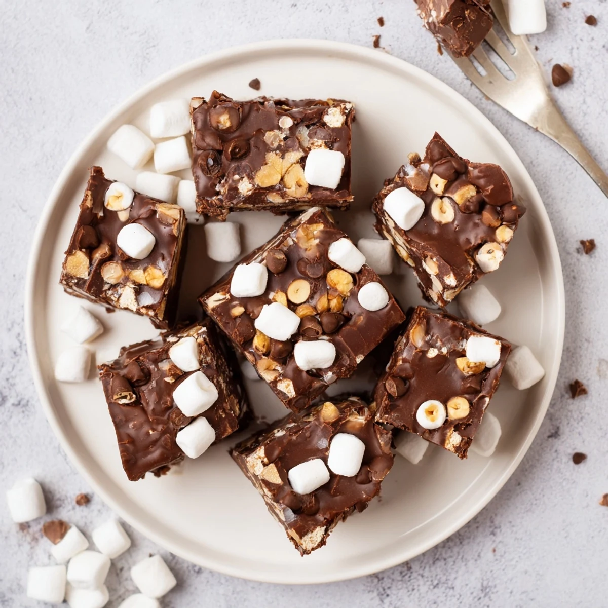 Rich chocolate easy rocky road fudge squares studded with fluffy marshmallows and crunchy nuts on a white plate