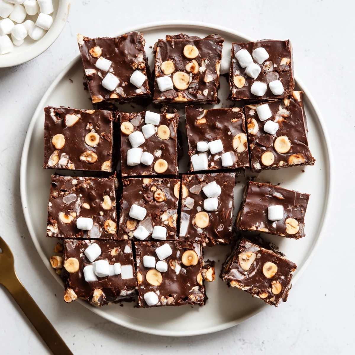Creamy easy rocky road fudge recipe showing glossy chocolate chunks and roasted peanuts throughout the cut dessert bar