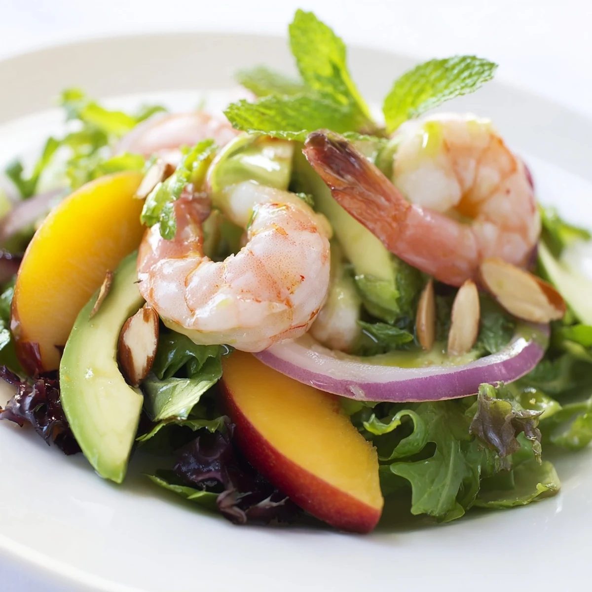 Light and healthy shrimp nectarine salad bowl with colorful vegetables, citrus honey dressing, and toasted almonds