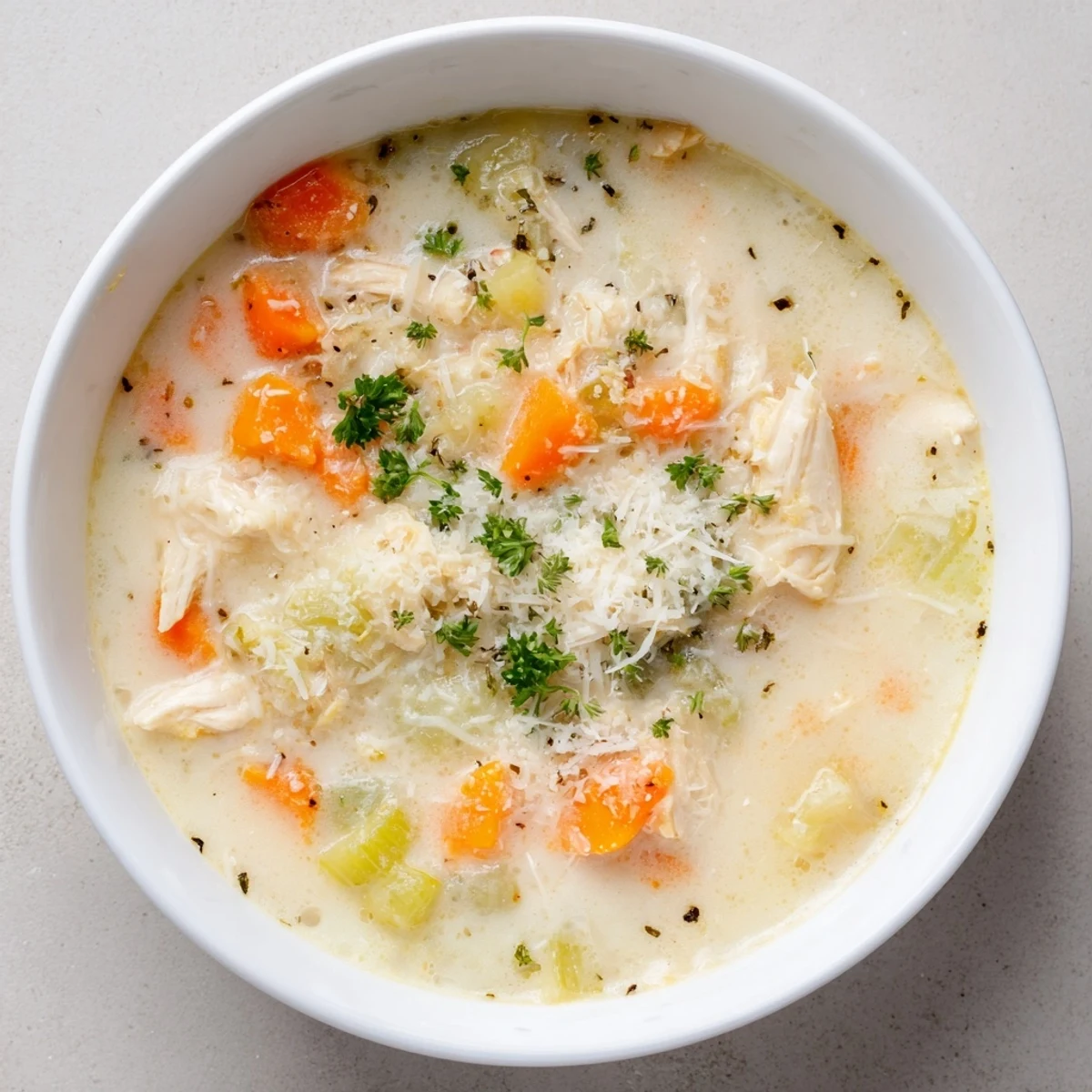 Creamy garlic Parmesan chicken soup with tender shredded chicken and vegetables in a white bowl