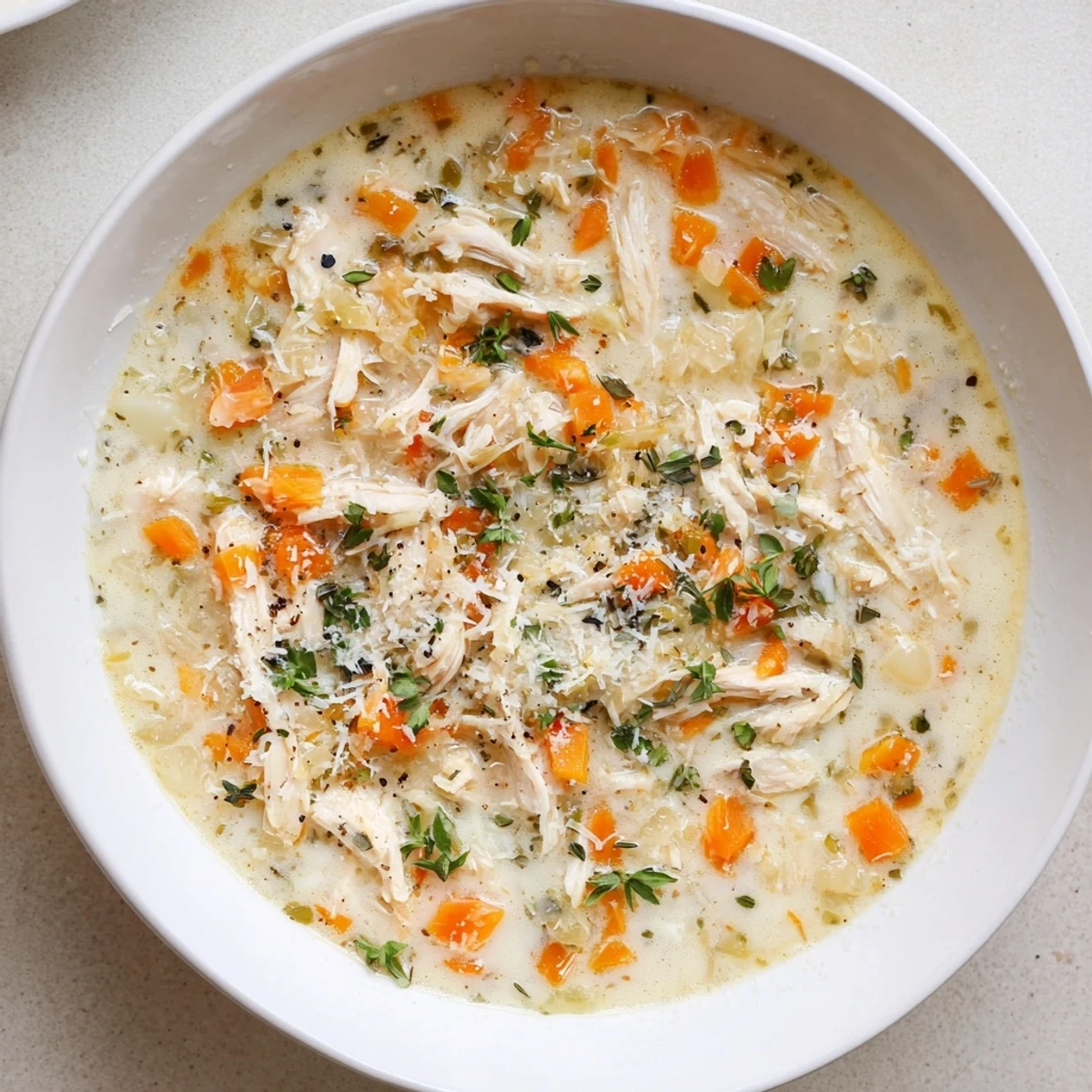 Steaming bowl of garlic Parmesan chicken soup topped with fresh parsley and extra grated cheese