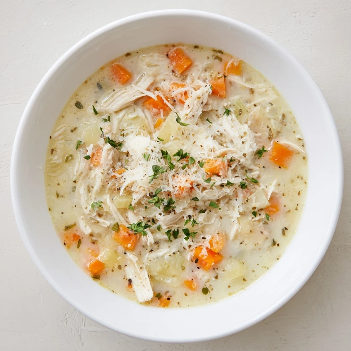 Golden garlic Parmesan chicken soup featuring diced chicken carrots and celery with a rustic spoon