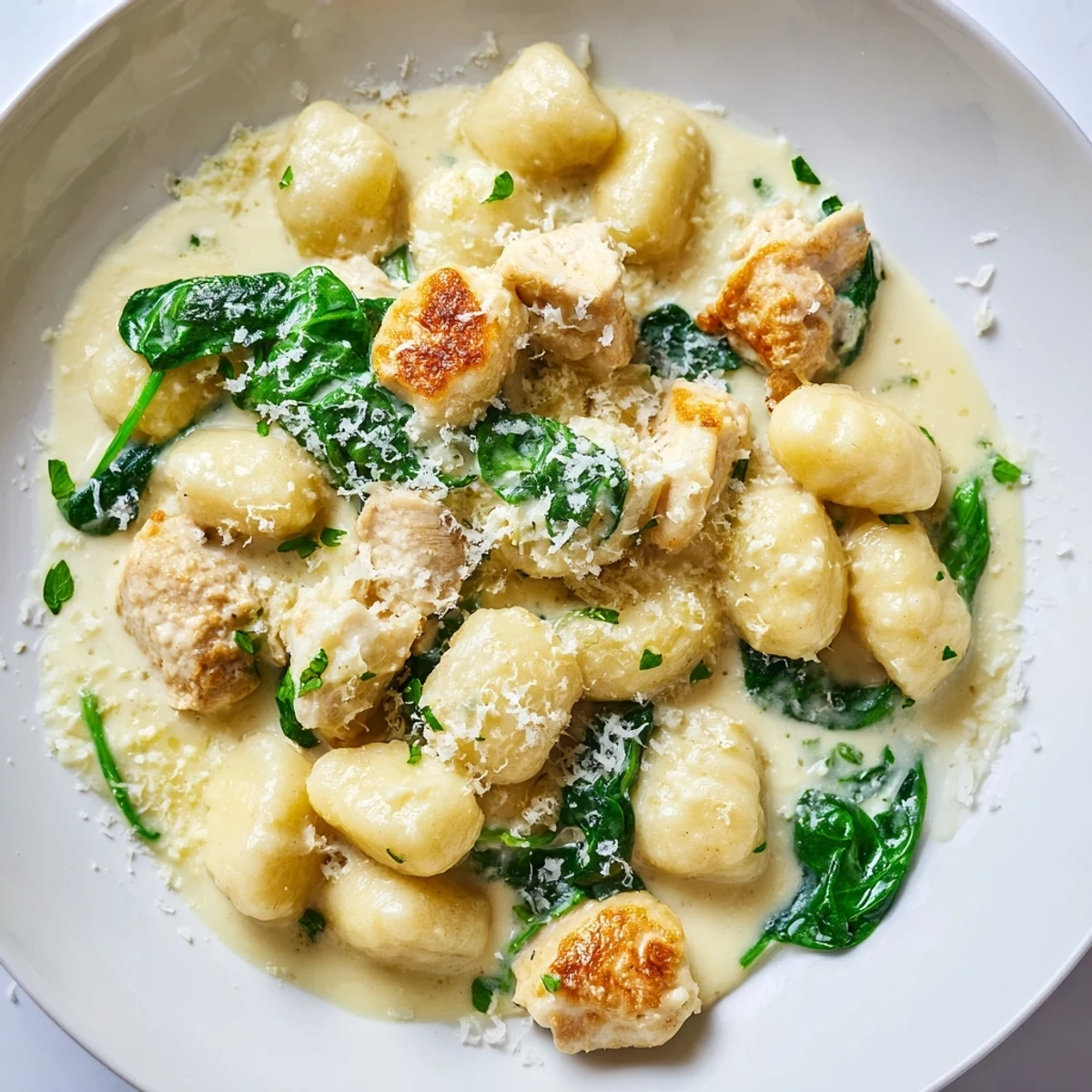 Creamy lemon chicken gnocchi served in a white bowl topped with fresh parsley and extra grated cheese
