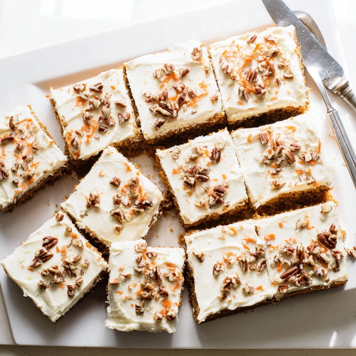 Golden carrot cake bars with creamy white frosting topped with chopped walnuts on a white plate