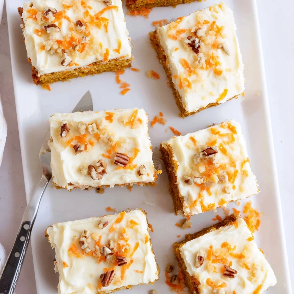 Spiced carrot cake bars cut into squares revealing moist texture beneath thick cream cheese frosting