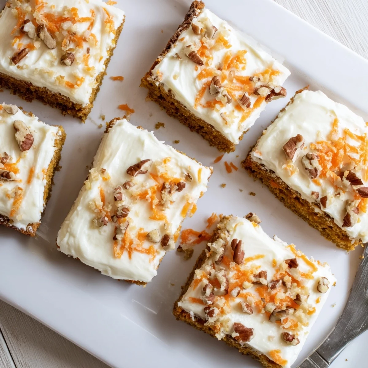 Homemade carrot cake bars topped with tangy cream cheese frosting and sprinkled with toasted pecans