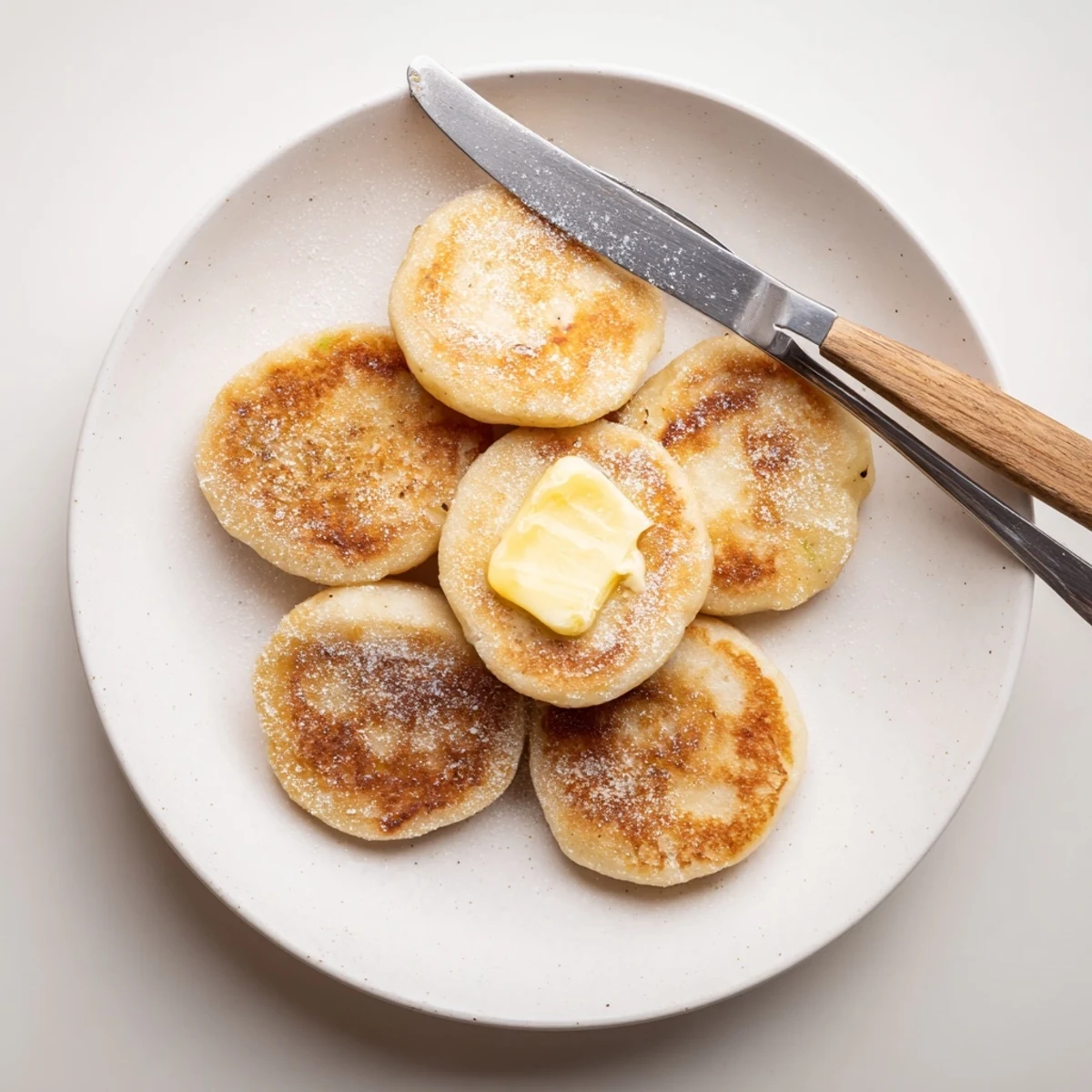 Golden brown Irish potato cakes stacked on a rustic wooden board, ready for breakfast