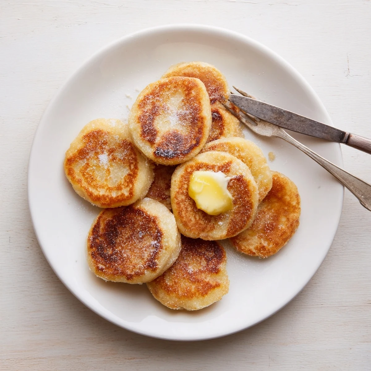 Crispy pan-fried Irish potato cakes served with melting butter and fresh chives on a plate