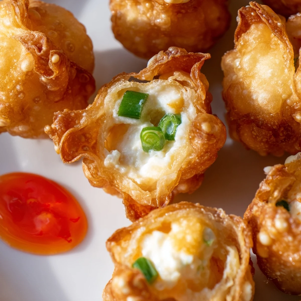 Platter of crispy crab Rangoon bombs garnished with fresh chives and cream cheese filling