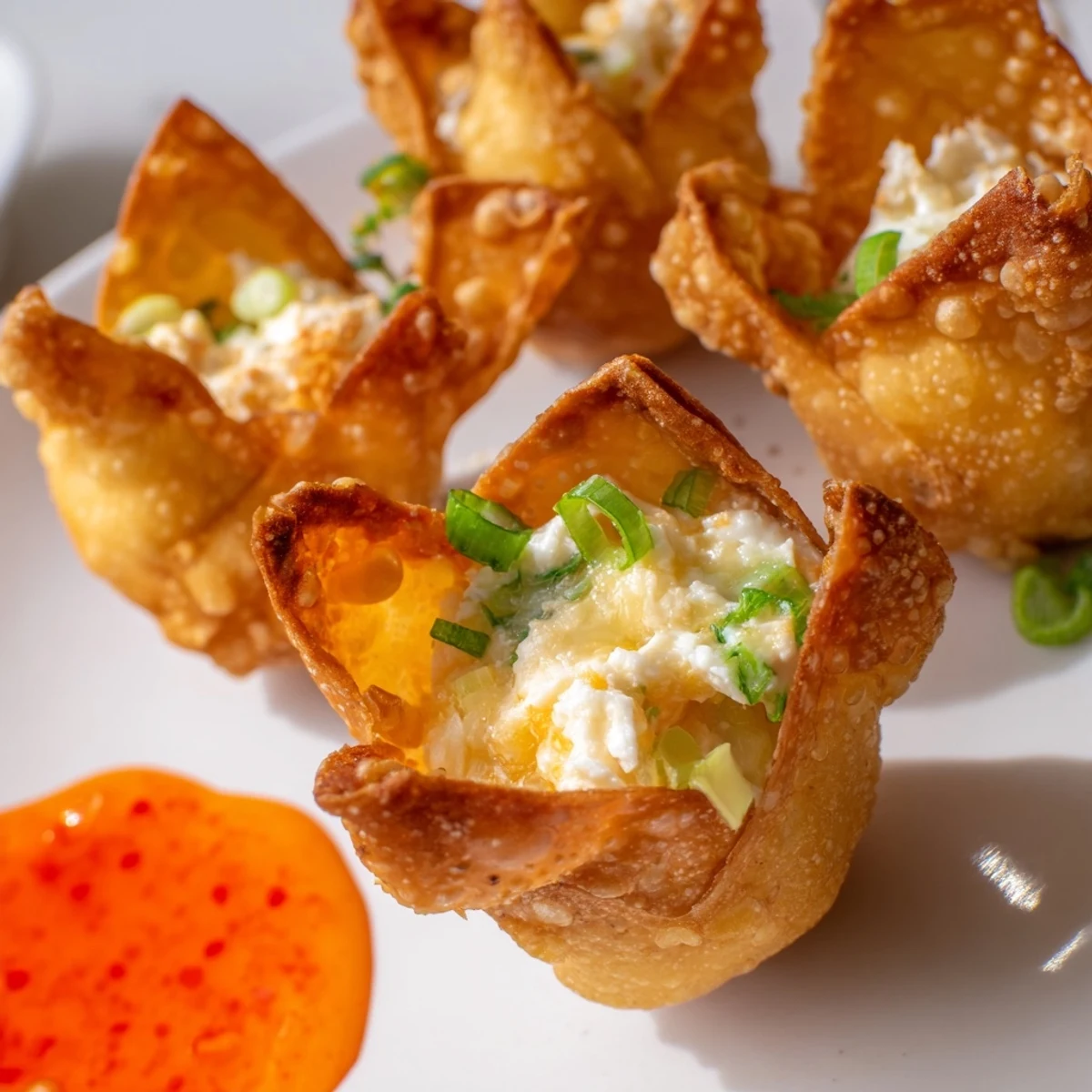 Close-up of golden brown crab Rangoon bombs showing flaky pastry and crab meat center