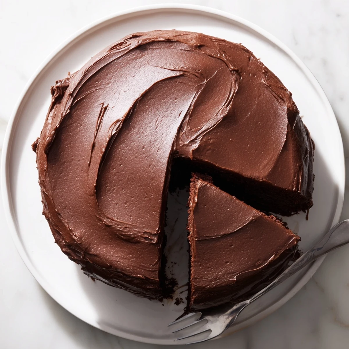 Moist chocolate cake with smooth buttercream frosting, garnished with chocolate shavings and served warm