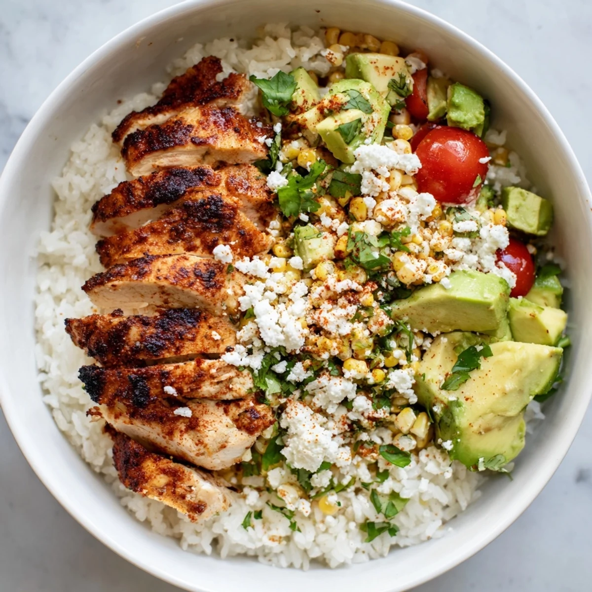 Juicy grilled chicken sits atop fluffy white rice in these Mexican street corn bowls