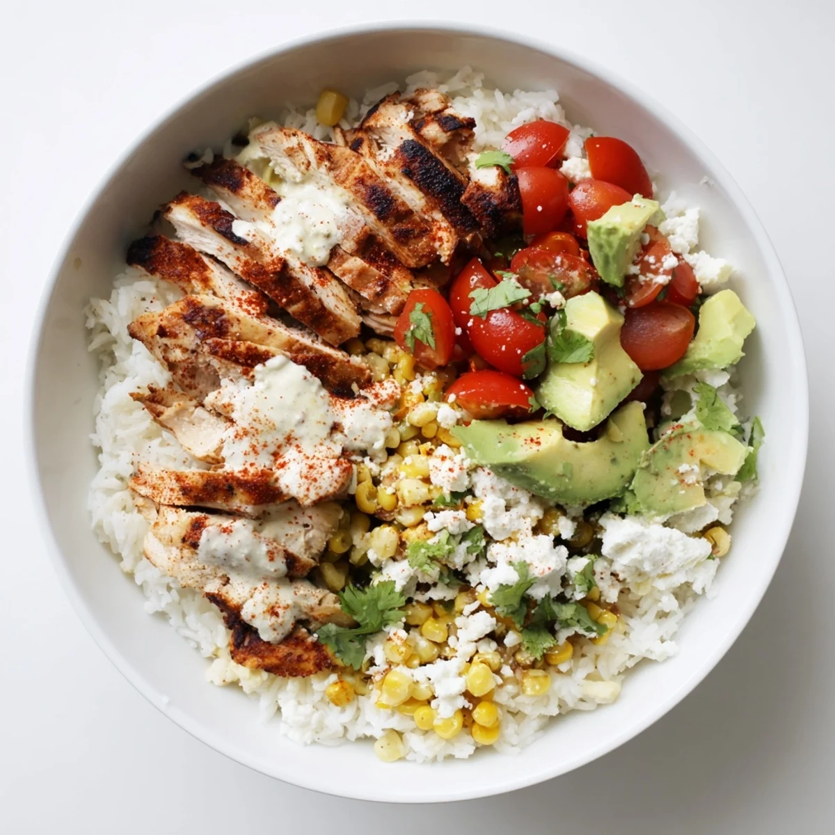 Savory chicken and creamy corn layer over rice in these colorful street corn bowls
