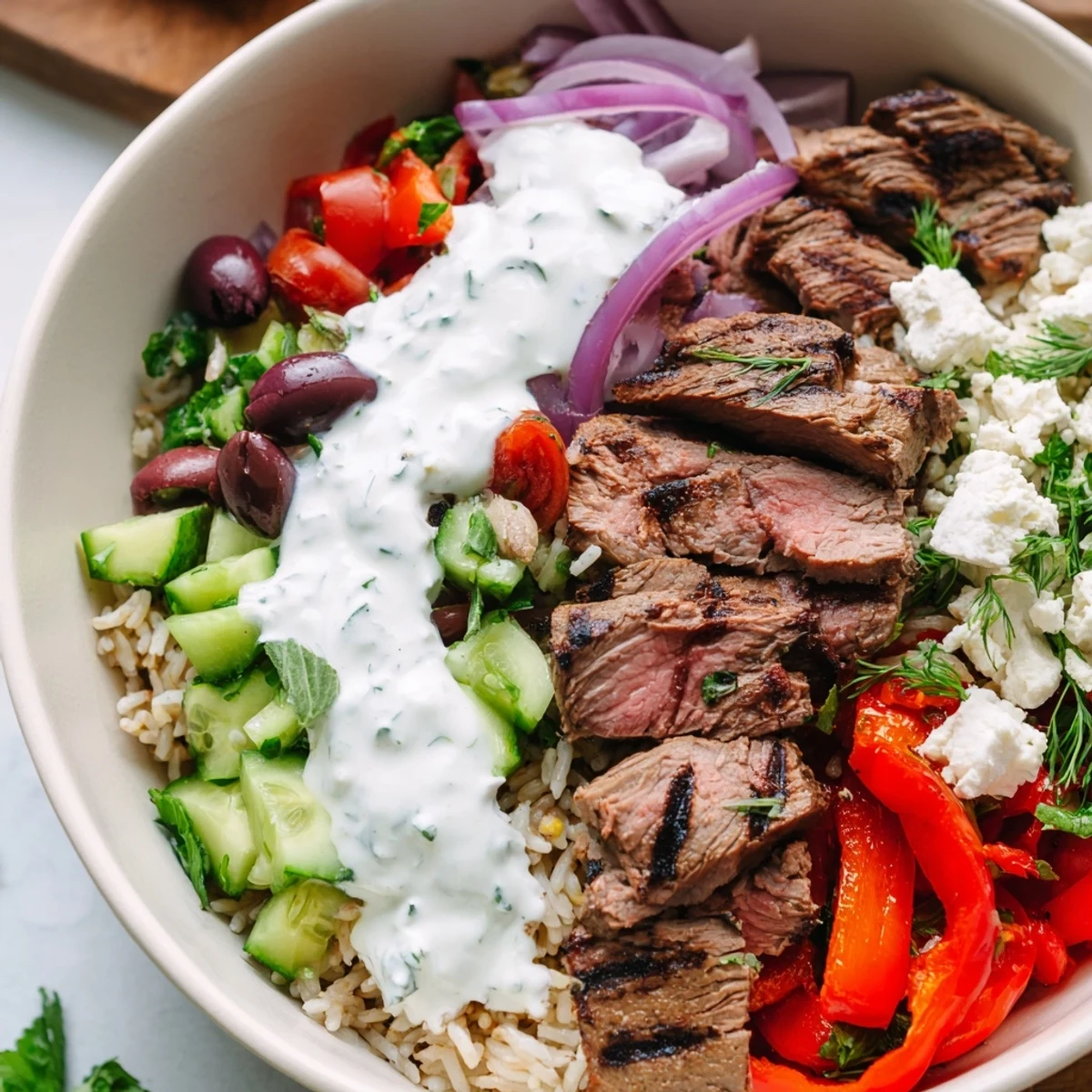Juicy grilled Mediterranean steak bowl topped with colorful vegetables, herbed rice, and creamy yogurt sauce