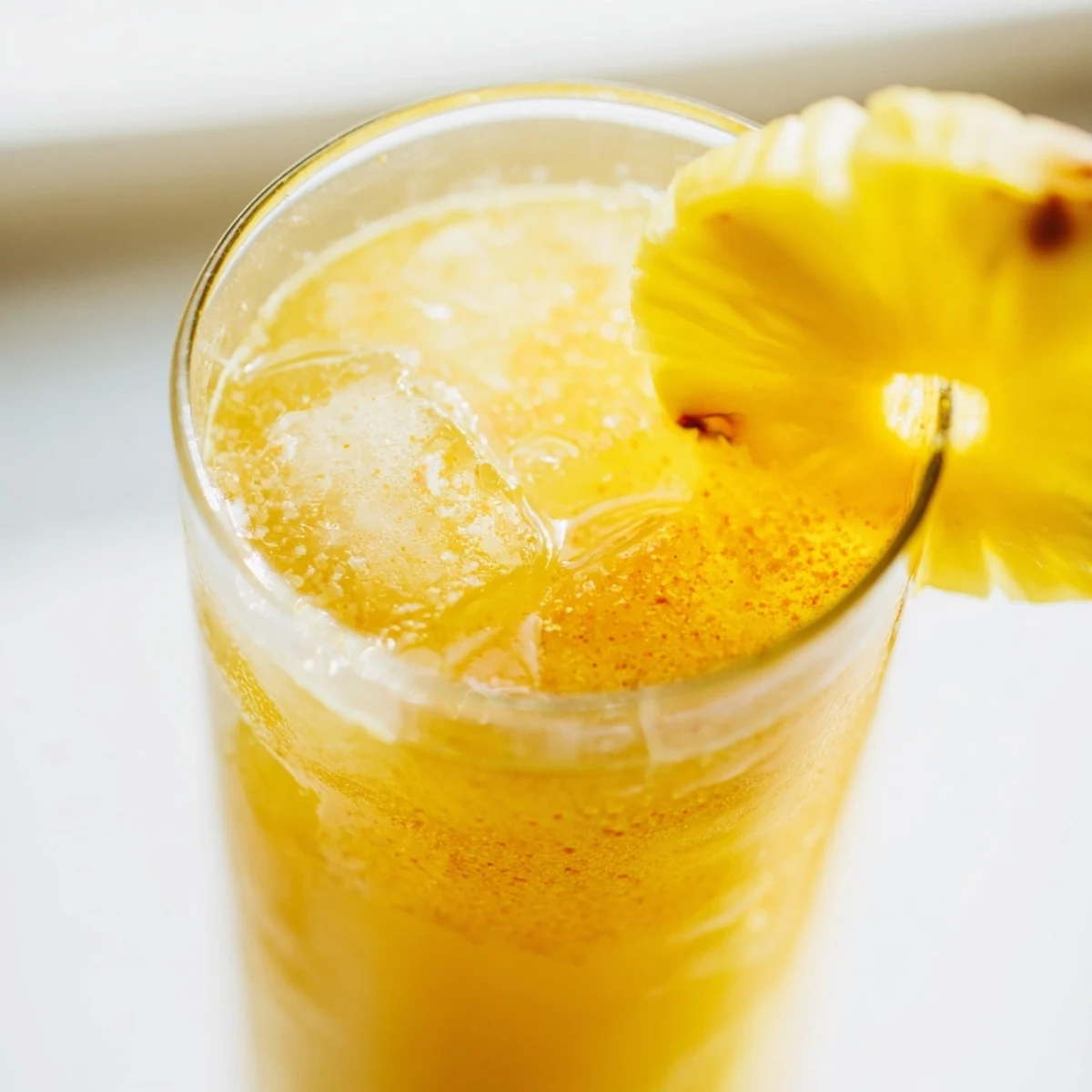 Golden pineapple peach agua fresca served over ice in a clear glass pitcher with fresh mint garnish