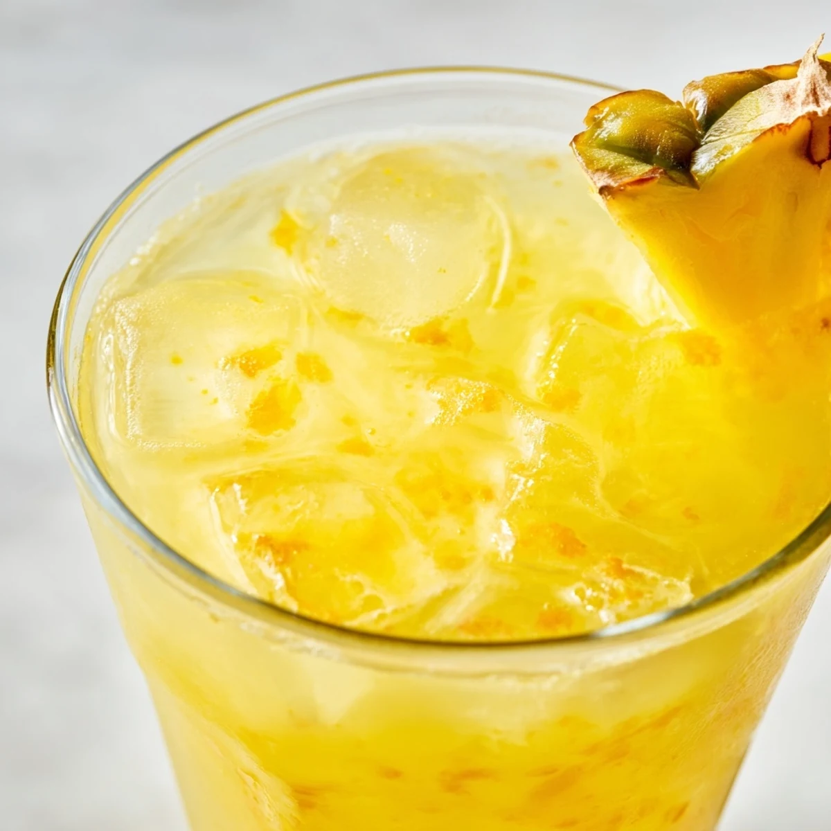 Tall glass of chilled pineapple peach agua fresca with floating fruit slices and condensation on the sides