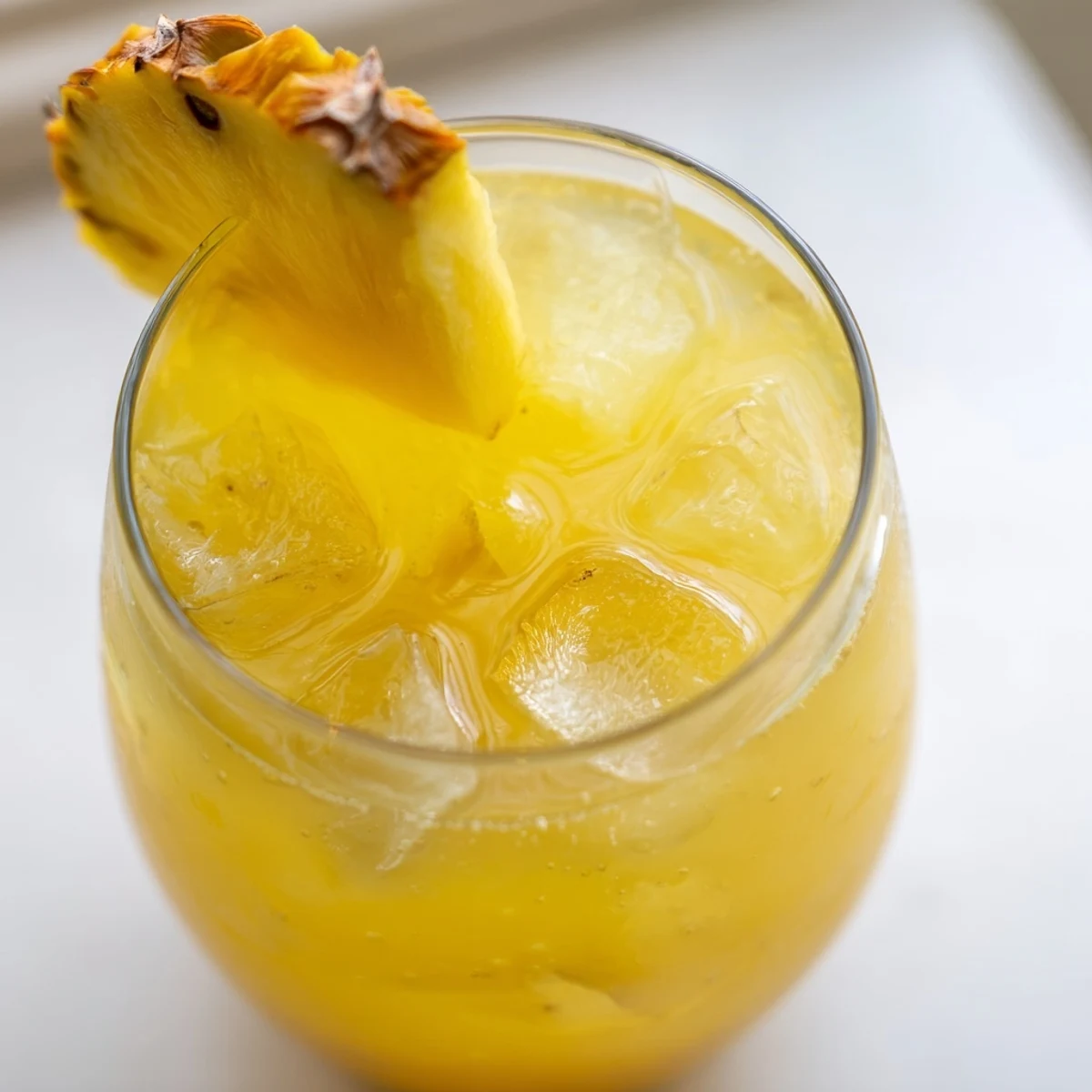 Refreshing Mexican-inspired pineapple peach agua fresca with vibrant yellow-orange hue and lime wedge on rim