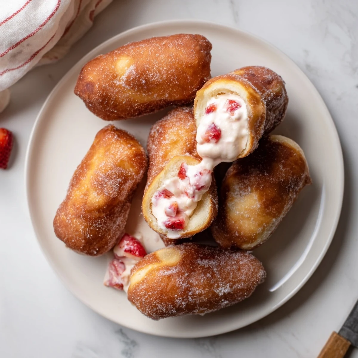 Golden strawberry cream filled doughnuts coated in sparkling sugar on a white plate