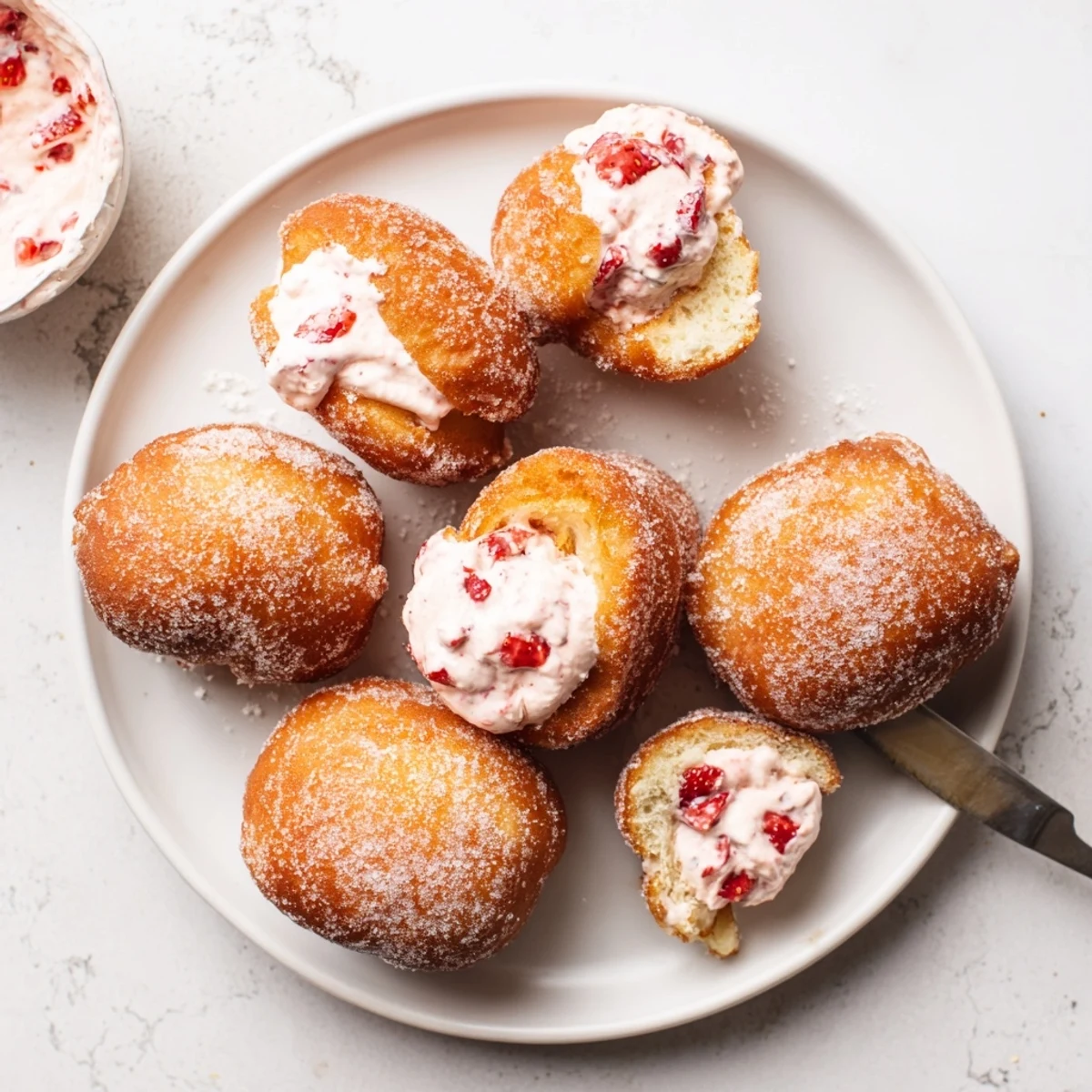 Fluffy fried doughnuts piped with sweet strawberry mascarpone cream filling dusted in sugar