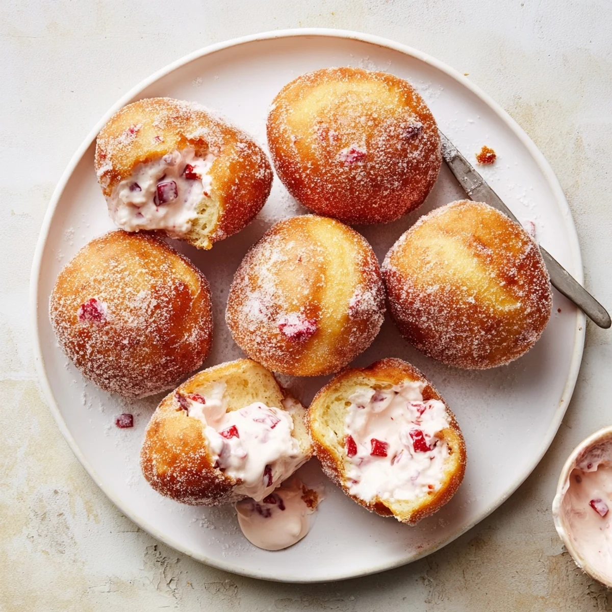 Fresh strawberry cream stuffed doughnuts with golden crust and granulated sugar coating