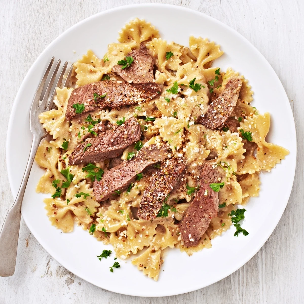 Creamy Cajun Alfredo bowtie pasta topped with seasoned beef slices and parsley