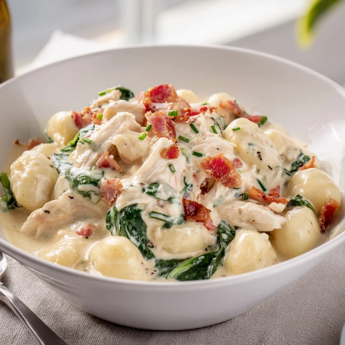 Golden chicken gnocchi skillet bubbling with rich ranch cream sauce and mozzarella