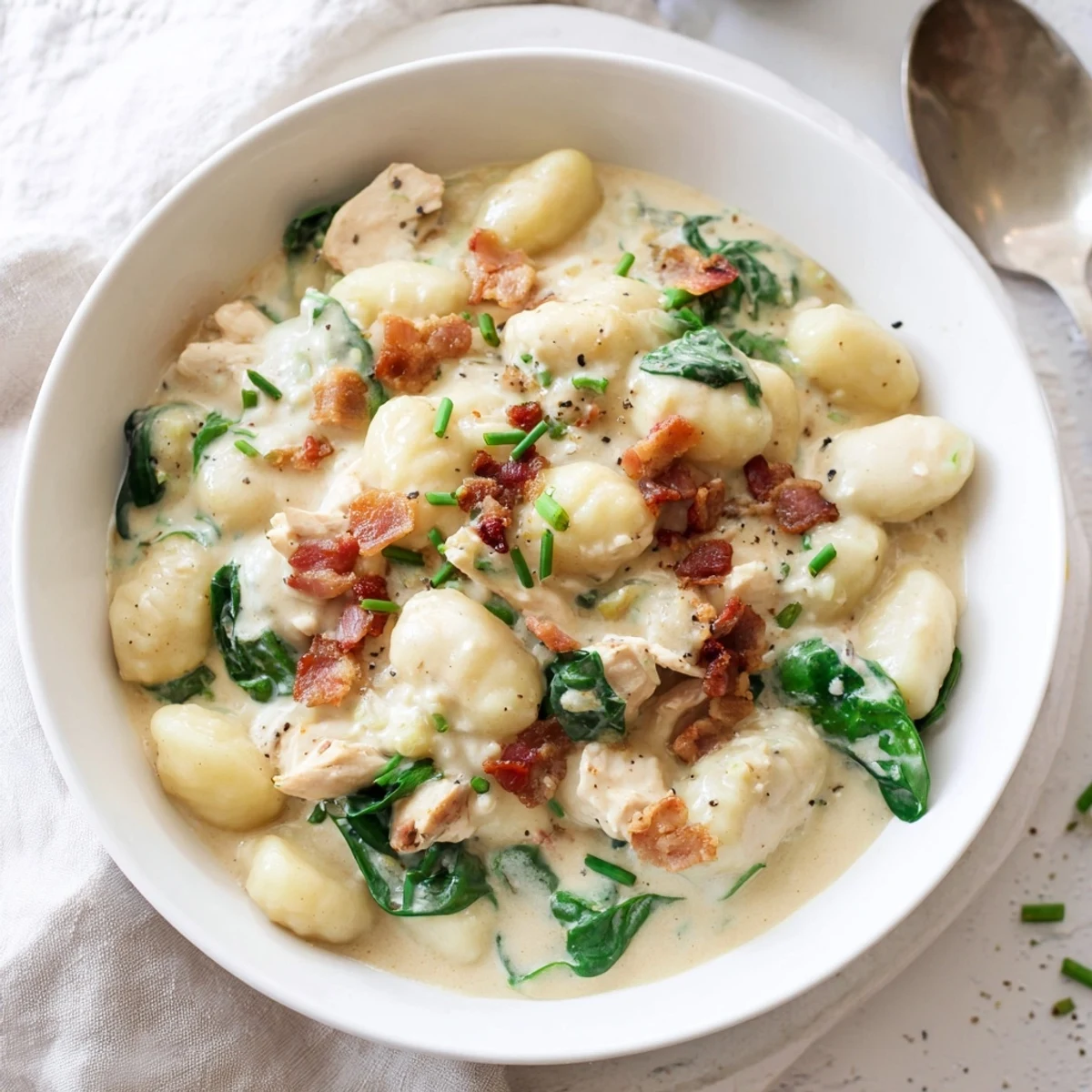 Creamy crack chicken gnocchi with crispy bacon pieces, melted cheese, and wilted spinach