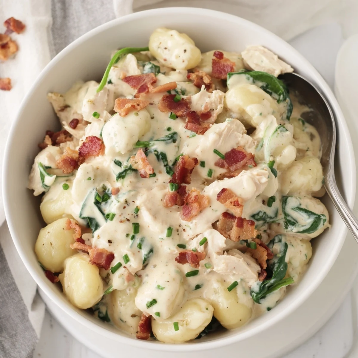 Comforting chicken gnocchi dish topped with smoky bacon in a velvety cheese sauce