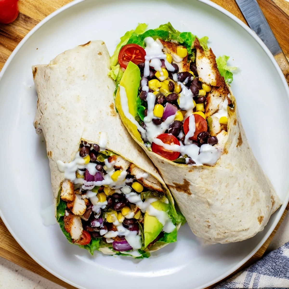 Golden brown spiced chicken wrapped in soft flour tortillas with colorful vegetables and creamy sauce