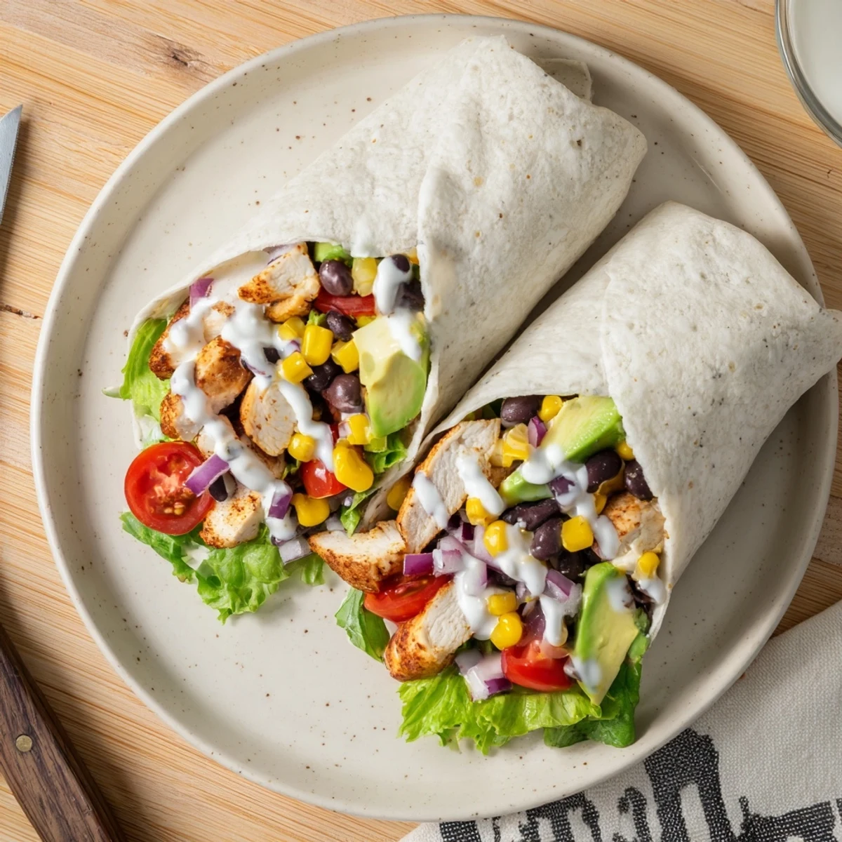 Sliced Southwest chicken wraps revealing seasoned meat black beans corn avocado and crisp lettuce inside