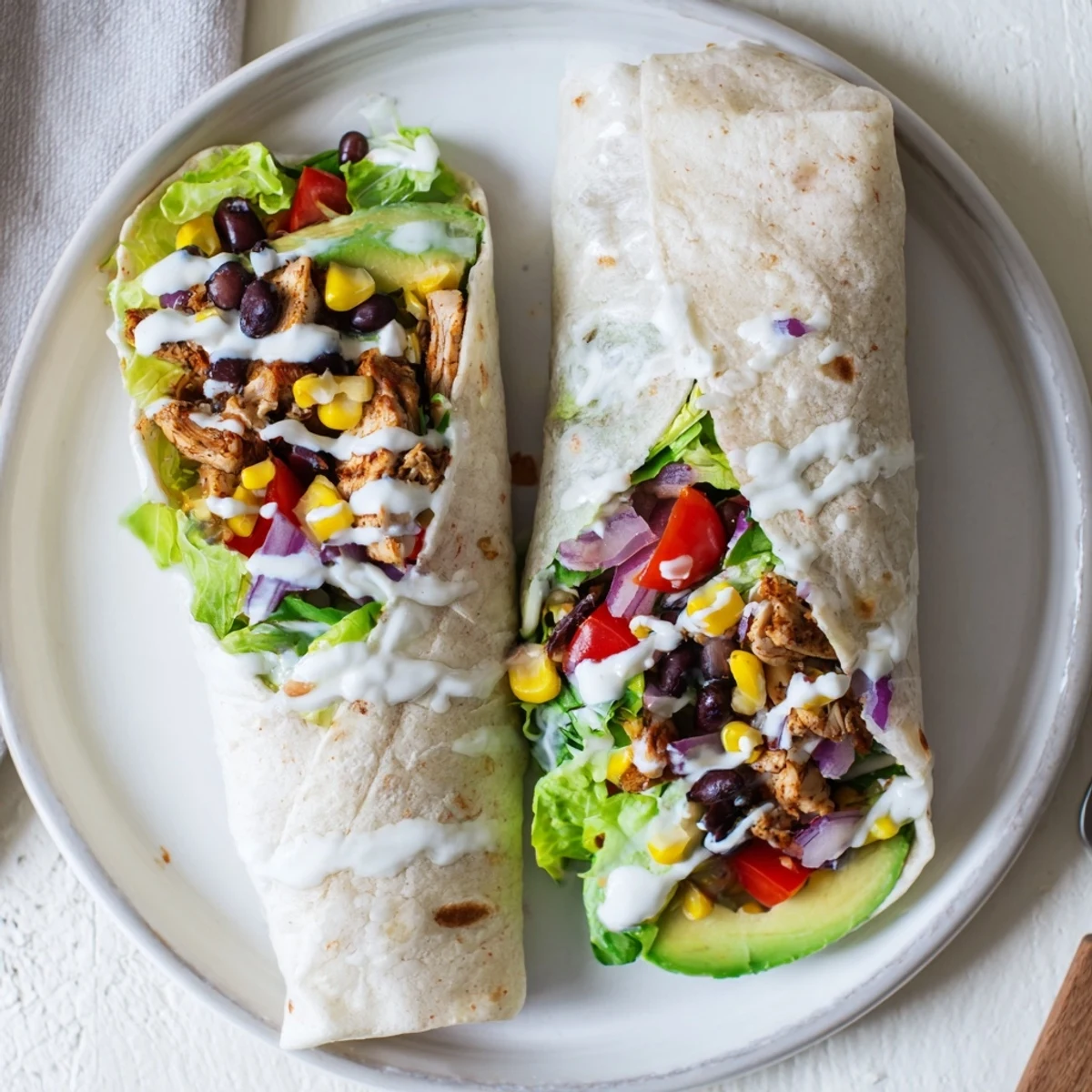 Flour tortilla rolled around spiced chicken breast with romaine tomatoes red onion and zesty dressing