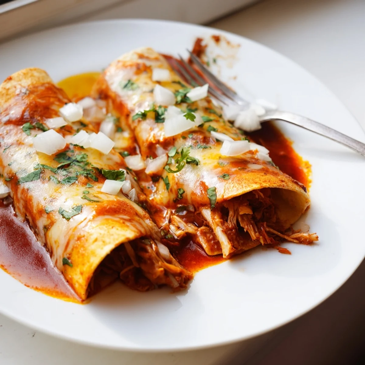 Tender shredded beef birria enchiladas baked until bubbly with Oaxaca cheese and diced onions