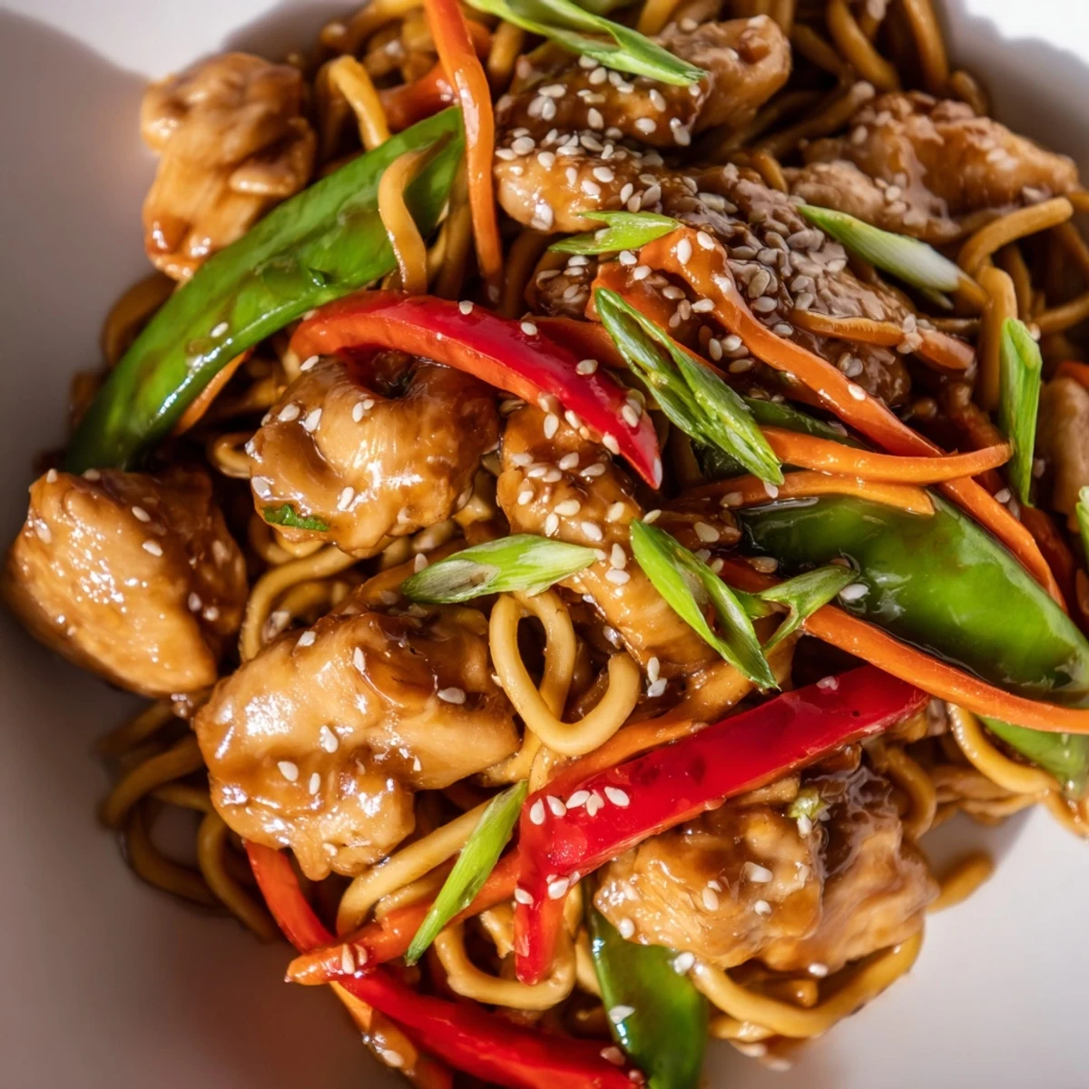 Golden brown sticky garlic chicken noodles tossed with colorful vegetables in a glossy sweet-salty sauce