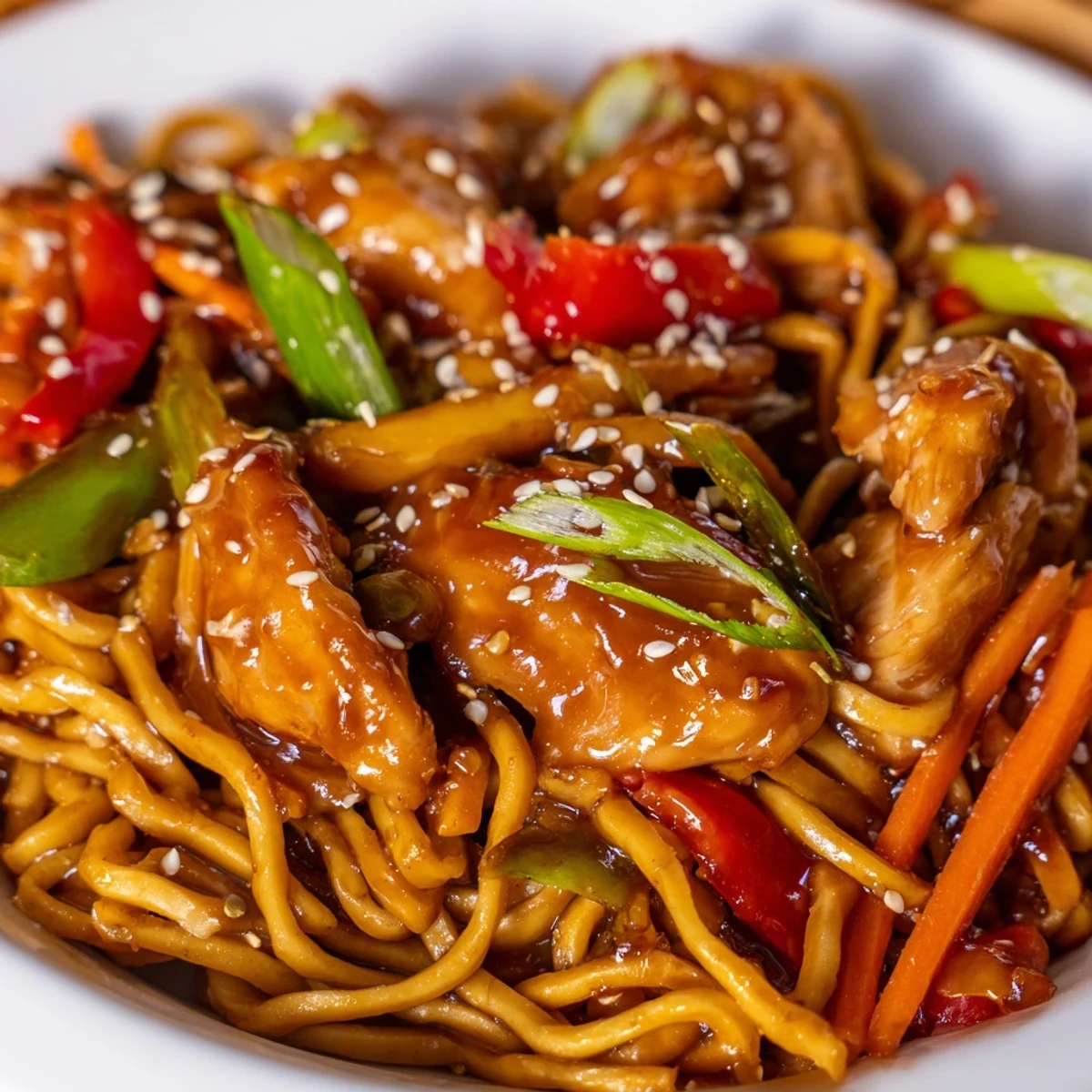 Weeknight dinner bowl featuring tender chicken and chewy noodles coated in rich garlic glaze with fresh peppers