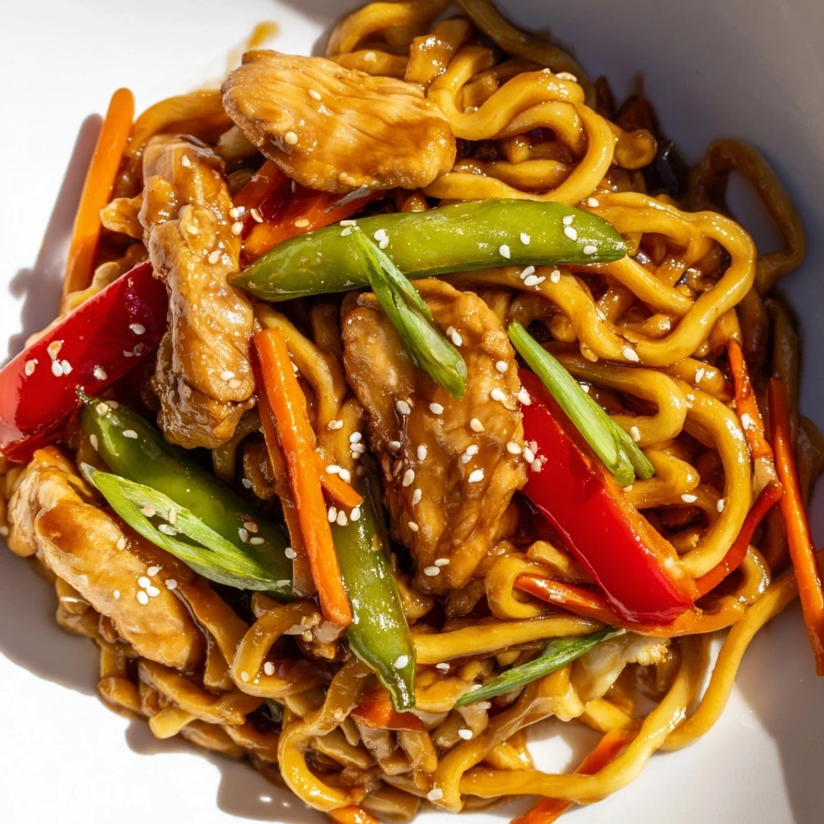 Steaming plate of Asian-inspired sticky garlic chicken noodles garnished with scallions sesame seeds and crisp snap peas