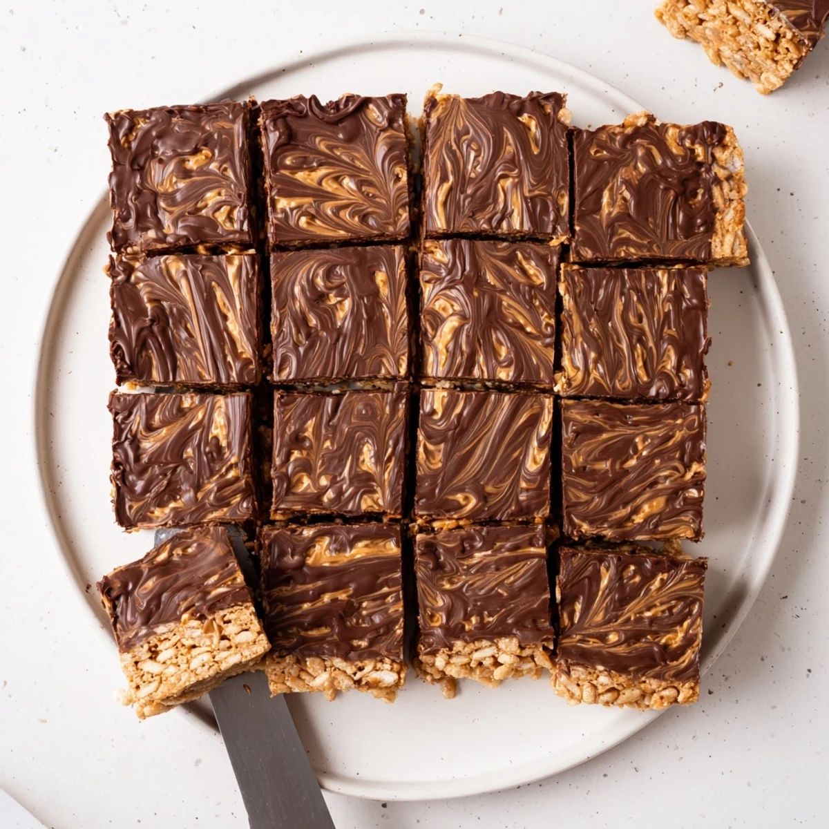 Golden gluten-free honey Chex bars with glossy chocolate topping drizzled over crunchy peanut butter cereal squares