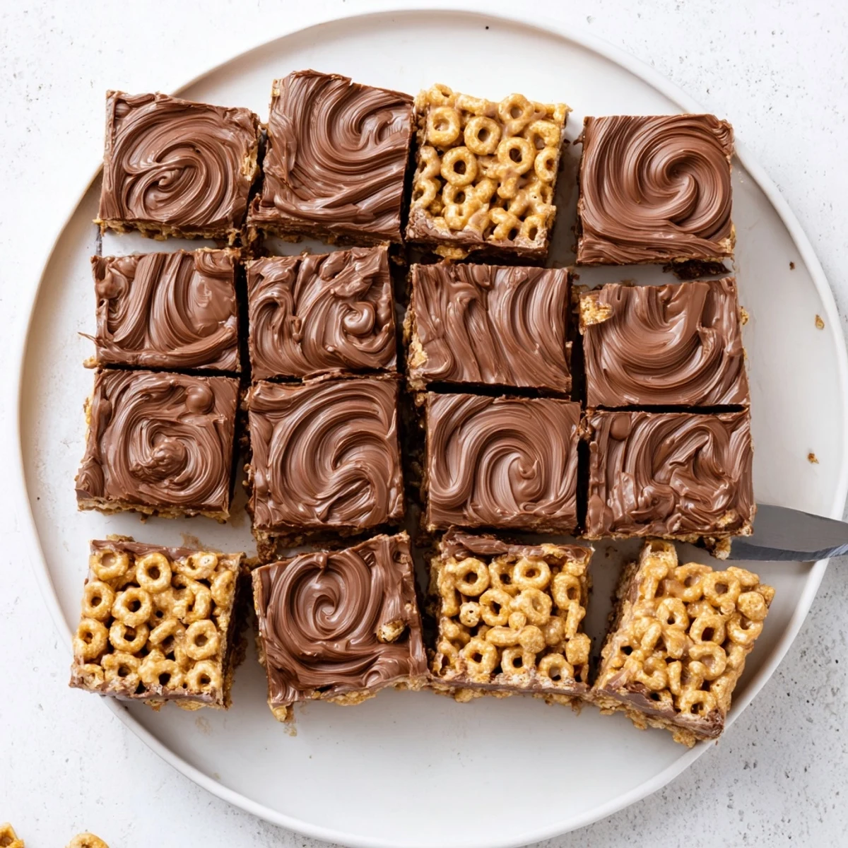 No-bake chocolate peanut butter Chex bars featuring honey-sweetened cereal base topped with smooth melted chocolate layer