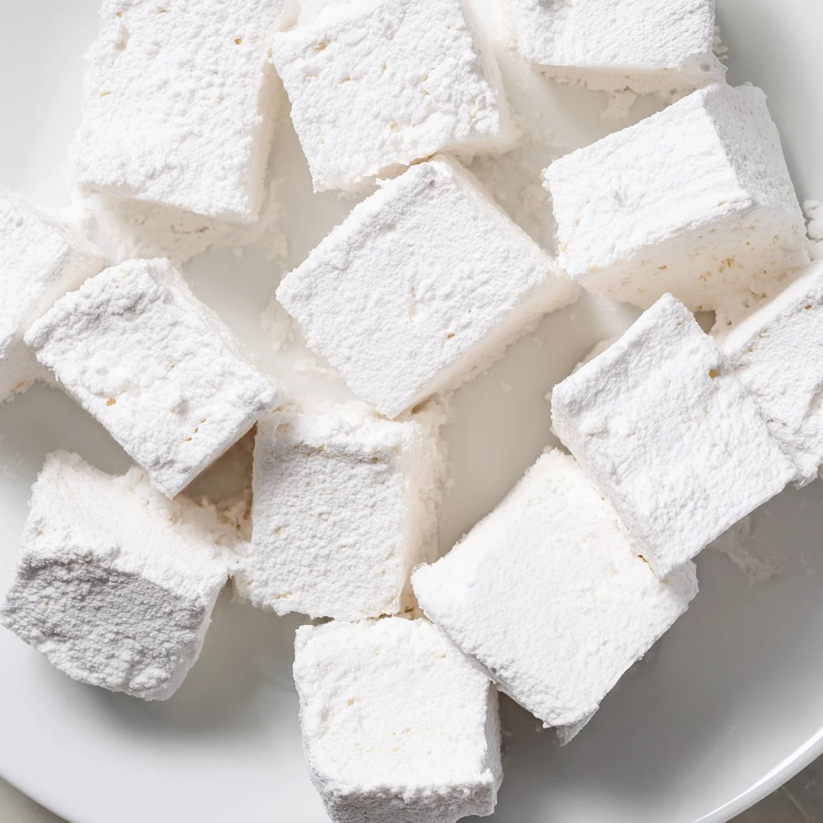 Glossy white marshmallow squares being cut with a knife for homemade treats